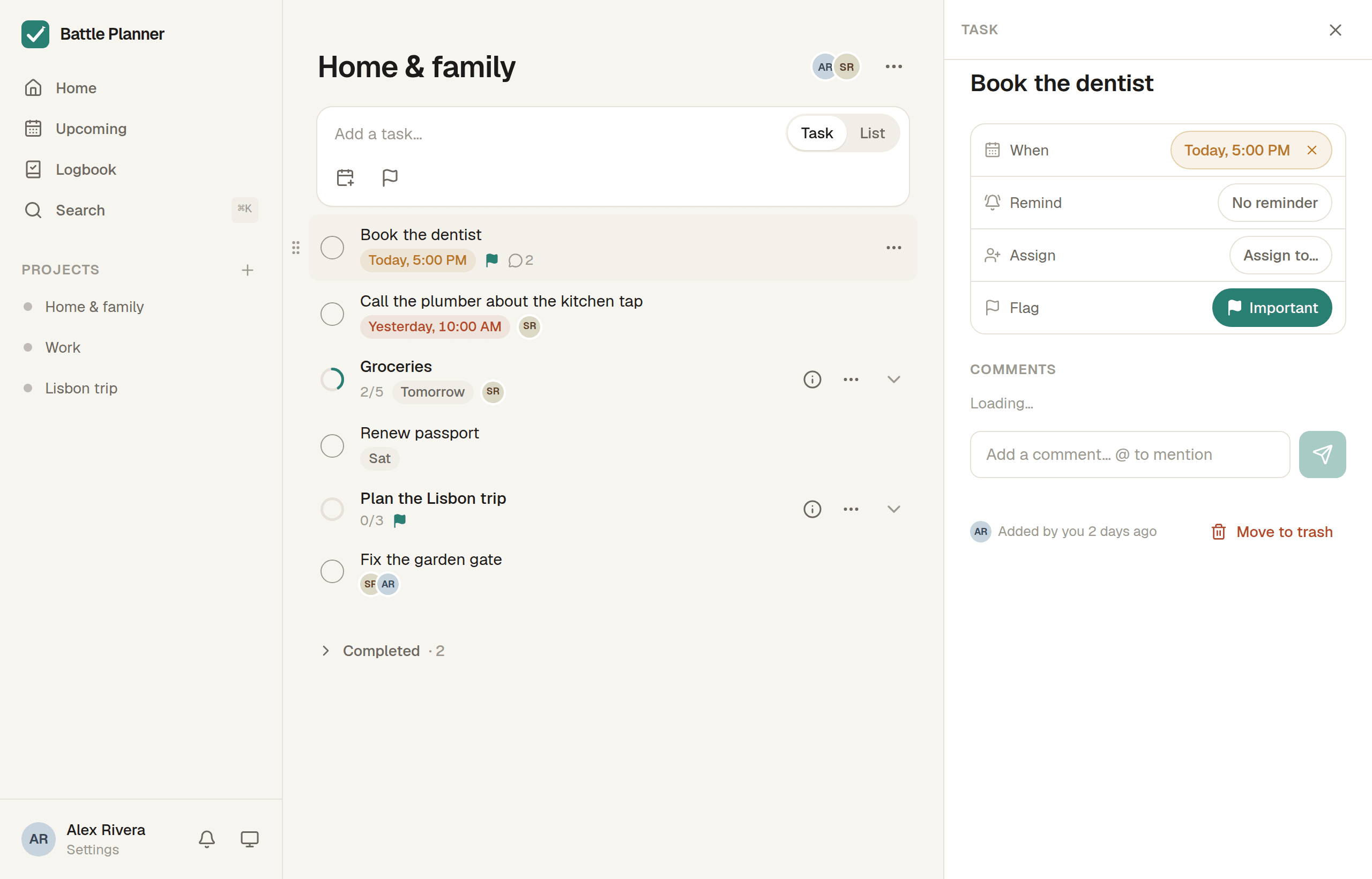 A project in Battle Planner on a laptop: a list of tasks and lists with one open in a side panel.